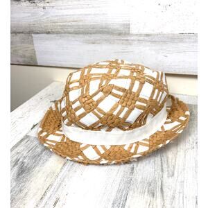 Unbranded Women One Size White Tan Fabric Straw Basket Hat Beach Casual Boho NEW